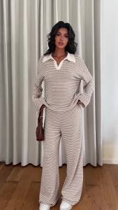 Autumn Womens Striped Knit Two Piece Set V Neck Long Sleeve Top Wide Leg Pants Y2K Casual Loungewear Tracksuit for Lady Outfits