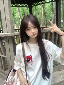 Retro American College Style Apple Cat Embroidery Short Sleeve T-Shirt Womens Loose White Niche Short Sleeve Top