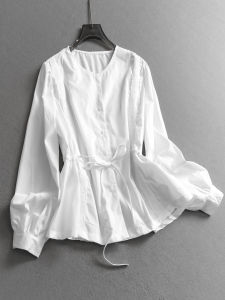 Slim Fit Pure Colorshirt Drawstring Waist Single Button Long Sleeve Crew Neck Stylish Womens Shirt Spring Autumn New Arrivals