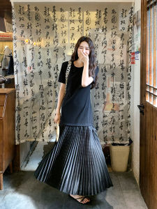 Black French Style Hepburn Dress Womens Early Summer Light Maturity Style Personality Slimming Pleated T-Shirt Dress