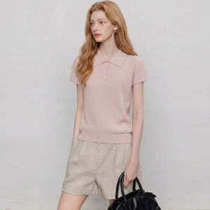 Korean Style Polo Collar Short Sleeve Striped Jacquard Knitwear