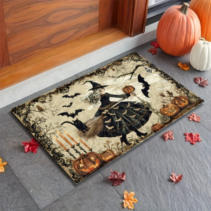 VIKAMA Retro Witch Black Cat Pumpkin Halloween Rug Stain Resistant Easy Care Mat Porch Kitchen Floor Mat Spooky Fall Home Decor