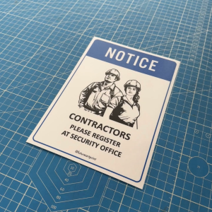 Notice Contractors Please Register At Security Office. Sign Label Notice Signage. Laminated Waterproof Scratch Resistant. Suitable for Indoor and Outdoor.