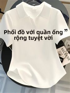 LINGLONGDAI | Áo thun cổ polo tay ngắn màu trắng cotton nguyên chất cho nữ mùa hè 2025 Áo thun ôm vừa vặn tôn dáng vai thường áo thun ngắn