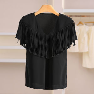 V-neck Tassel Decorative Fitted Solid Color Chiffon Shirt