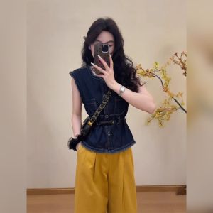 YUFUQING | French Vintage Frayed Sleeveless Denim Vest Womens New Versatile Hong Kong Style Waist Cinching Slimming Small Shoulder Open Cardigan Top