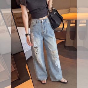 HUANJI | Quần Jeans Slim Baggy Phong Cách Mới Cao Thắt Lưng Đen Xanh Lớn