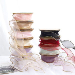 ริบบิ้นผ้าไหมหางปลาขอบทอง ตกแต่งเค้กวันเกิด ขอบดอกกุหลาบเทียม วันแม่ วันวาเลนไทน์ ปลั๊กอิน วัสดุผ้าฝ้าย วัสดุอื่นๆ