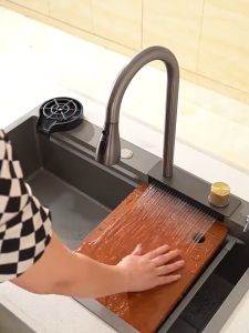 Kitchen sink SUS304 stainless steel waterfall sink 3.0MM thickness household sink with pull-out faucet 60/65/68/70/75/80/90CM High quality sink in multiple sizes