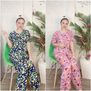 Bộ lanh mặc nhà đồ bộ tole nữ quần dài áo tay lỡ họa tiết chấm bi thời trang [CÓ SIZE] - TLD76