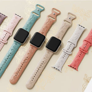 Flower Engraved Strap for Apple Watch Ultra 2/Ultra 49mm 45mm 41mm 42mm 38mm 44mm 40mm Women iWatch Rose Pattern Silicone Band for Apple Watch Series 9 8 7 6 5 4 3 2 1 SE SE2
