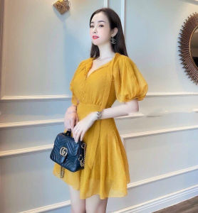 Đầm Xòe Voan Bi Thắt Nơ Phối Nút Tay Phồng Siêu Sang - Đầm Đi Tiệc Ulzzang