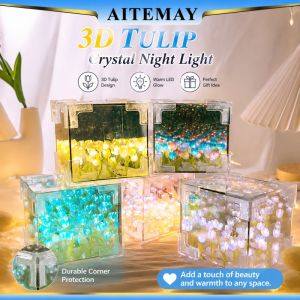 Aitemay DIY Tulip khối Rubik Gương đèn ban đêm-Handmade Đèn Led Tạo bầu không khí cho nội thất trang trí phòng ngủ sinh nhật Valentine quà tặng