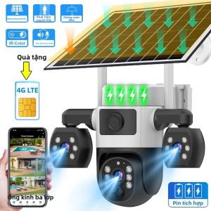 Camera Giám Sát An Ninh Ngoài Trời V380 Pro 4G Sử Dụng Thẻ SIM Năng Lượng Mặt Trời Ba Ống Kính