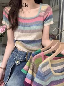 Áo Thun Tay Ngắn Sọc La Chapelle Dành Cho Nữ Mùa Xuân Hè Phong Cách Mới Vai Rộng Nhiều Màu Sắc Cổ Vuông Ngắn