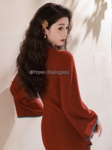 New Chinese Style Retro Simple Red Dress