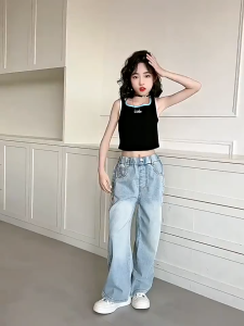 Girls Jeans Korean Style Side Pink Love Embroidery Design New Fashion Girls Denim Jeans Elastic Waistband High Quality Loose Trousers All-match Girls Bottoms 7-16yrs