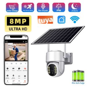 Camera WiFi Năng Lượng Mặt Trời Tuya 8MP Với Tính Năng Phát Hiện Chuyển Động PIR Tầm Nhìn Ban Đêm Chống Nước Camera An Ninh Ngoài Trời Pin Tích Hợp