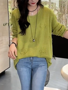 QINGNAER | Loose Casual Versatile Slimming Large Size Round Neck Long Sleeve Knitted Sweater