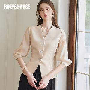 Roey s house | Stylish Elegance Patchwork Waist-cinching V-neck Slim-fit Shirt