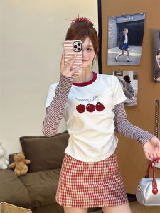 Feminine Fleece-Lined Embroidered T-Shirt Short Sleeveless Womens Unique Striped Patchwork Cool Waist-Cinching Casual Style