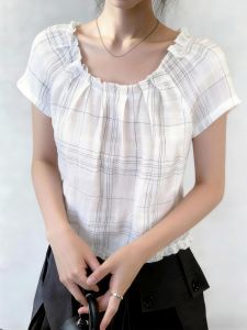 QINGNAER | French Style Big Size Slimming Pleated Grid Short Sleeve Tunic Blouse