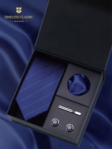 Blue Zippered Formal Wedding Mens Tie Set Pocket Square Suit Accessory Luxury Feel Casual Striped Pattern Groomsmen Gift