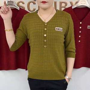 Stylish V-Neck Knitted Base Shirt Slimming 3/4 Sleeve T-Shirt Trendy Womens plus Size Fashionable Korean Loose Fit Long Sleeve