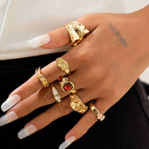 7-Piece Set Irregular Diamond-Embedded Rings Fashionable Unique Design Sensation Popular Internet Red Ring Combination for Women