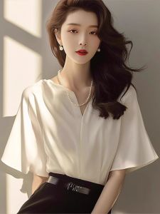 Oule Womens White Five-Quarter Sleeve Silk Shirt Summer French High-End Feeling Ice Silk Satin Blouse Commute Style