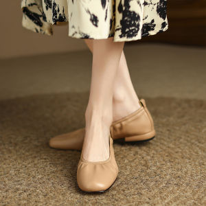 Ziyi Goatskin Flat Heel Ballet Slippers for Women Retro Style One-Word Buckle Soft Sole TPR Material Spring Autumn Season