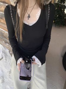 Womens Fleece Lined Long Sleeve V Neck T Shirt Lace Patchwork Slimming Base Layer Shirt Commute Style Thickened Winter Top