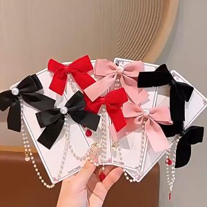 Set 2 Kẹp Tóc Nơ Tiểu Thư Đính Dây Ngọc Xinh Xắn Đáng Yêu Cho Bé Gái