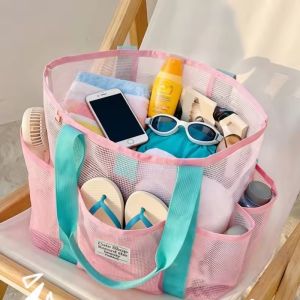 Large Capacity Mesh Swimming Bag Portable Handheld Beach Bag Hollowed Shoulder Shopping Bag Travel Beach Tote Bag