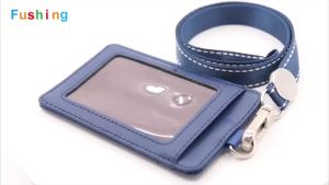 Fushing 2-Sided Leather ID Card Holder with Lanyard Genuine Leather Badge Holder with 1 ID Window 2 Card Slots 1 piece 18.7" PU Leather Detachable ID Lanyard with Swivel J hook(Blue Vertical)