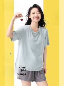 Summer Thin Ice Silk Cool Feeling Short Sleeve Womens Sleepwear with Chest Pad Modal Home Clothes Outdoor Wear round Neck