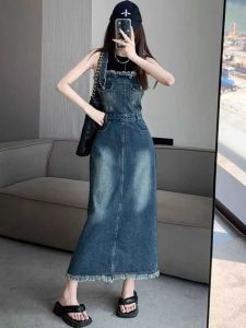 Vintage Strap Denim Skirt Womens Summer High Waist Slim Looking High Stylish Fringed Burr Sling Dress