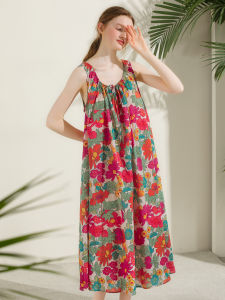 XEXZ | Summer New Large Size Long French Strap Sleepwear Women Cotton Print Chemise Nightgown Comfortable Breathable Pure Cotton Gown