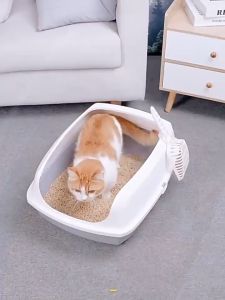 กระบะทรายแมวขอบสูง พร้อมที่ตักทราย ห้องน้ำแมว มีตะแกรงดักทราย รุ่นขอบสูง