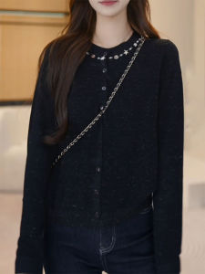QINGNAER | Autumn 2025 New Plus Size Round Collar Slim Fit Long Sleeve Knit Sweater Cardigan Black