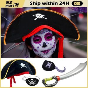 【Fast Shipping】 Pirate Party Set Caribbean Captain Costume Hat with Inflatable Skull Cap Kid Party Cosplay Supplies Roleplay for Masquerade Kid and Adult