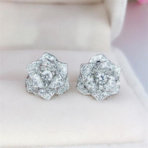 Huitan Fancy Flower Earrings Women Silver Color/Gold Color Luxury Cubic Zirconia Stud Earrings Aesthetic Bridal Wedding Jewelry