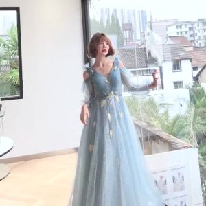 DINNER DRESS Blue Long Sleeve Long Dresses Dreamy Luxury New Dresses 新款蓝色蕾丝镶金片梦幻长袖长款连衣裙