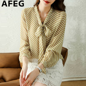 AFEG Korean V-neck bow fashion loose temperament striped chiffon long sleeve blouse for women