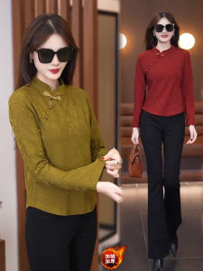 เสื้อเชิ้ตคอตั้งแขนยาวผู้หญิงแบบสวมหัว ทรงสลิมฟิต ผ้าขนแกะ ทรงหลวม ฤดูใบไม้ร่วง 2024 เสื้อเชิ้ตผู้หญิง