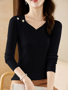 French Design Versatile Black V-Neck Knitted Sweater