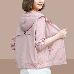 ฤดูร้อน 2024 Mom Large Size หลวม พรางหุ่น ระบายอากาศได้ดี ลำลอง Thin ผู้หญิง เสื้อแจ็คเก็ต เดินทางสไตล์แขนยาว ซิป Pure Color