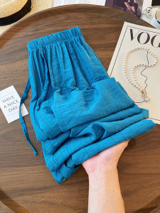 Blue High Waist Draped Casual Pants Womens Thin Summer Fashion Pleated Floor-Length Trousers Korean Style Straight Leg Pants