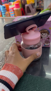BOTOL KACA 300ML SHOUJIZHIJIAPANGPNGBEI / Botol Kaca Lucu Chubby Mobile Phone Holder Cup Dengan Sleeve 300ml