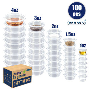 100-Pack Leak-Proof Plastic Mini Containers with Hinged Lids Suitable for Storing Ketchup Salad Dressing Milkshakes Outdoor Camping Holiday Parties Family Gatherings and Can Also Be Used to Store Paint Earrings Necklaces Rings